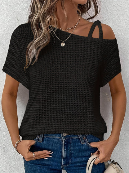 Women'S Summer Off Shoulder Waffle Short Sleeve T-Shirt Solid Color Top