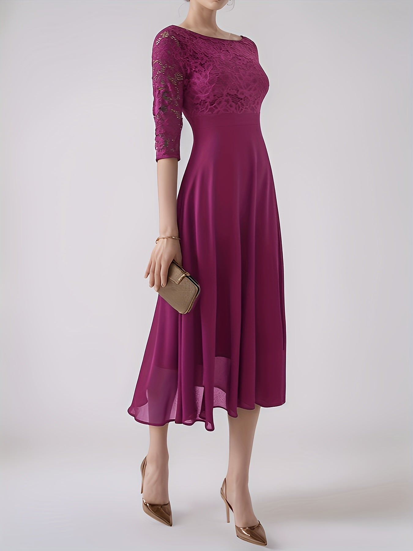 Elegant Navy Blue Lace-Trimmed Chiffon Evening Gown with Short Sleeves And Flowing Skirt, Perfect for Formal Events And Parties, Formal Evening Gown