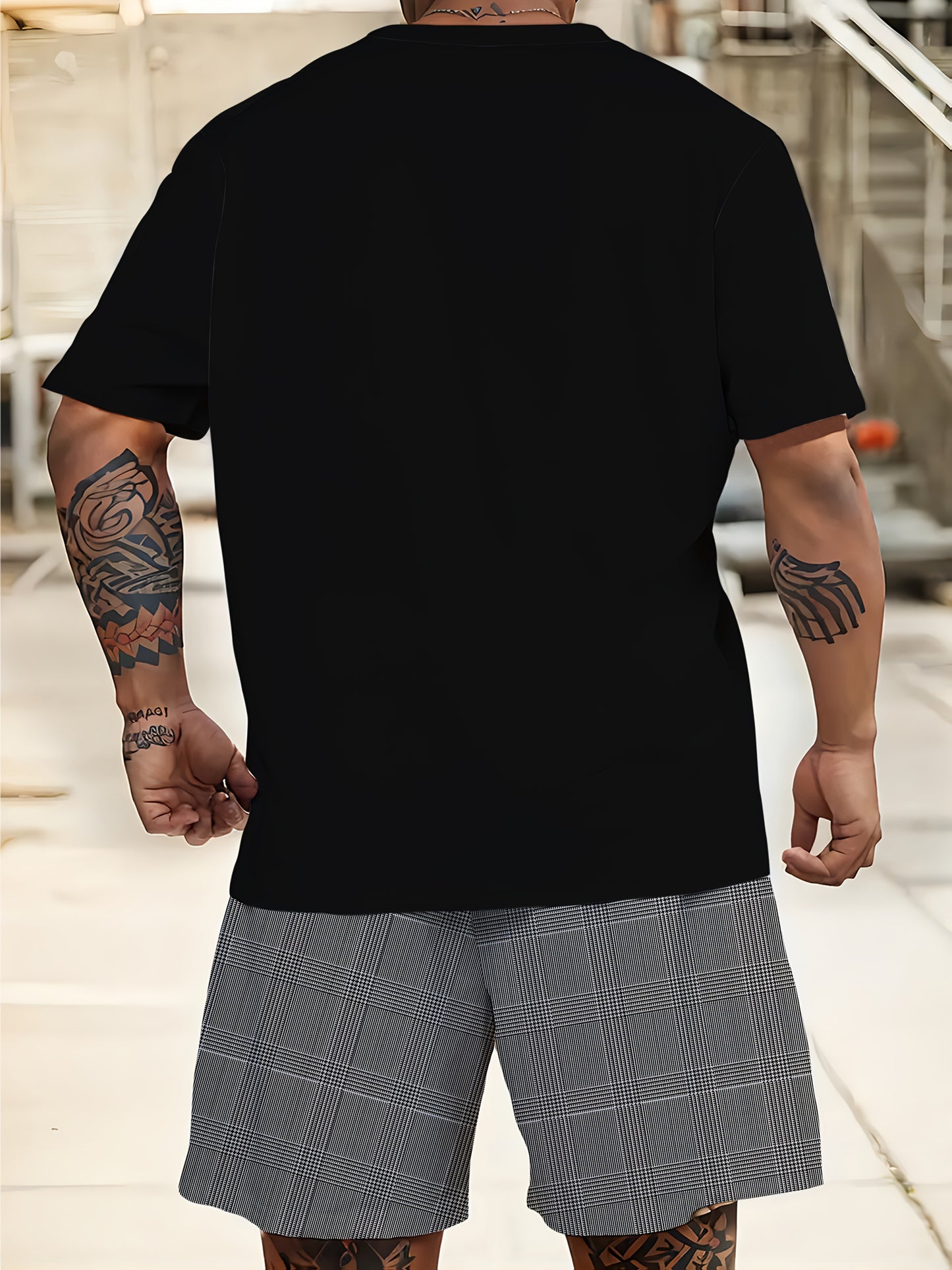 Men's Plus-Size 2pcs Casual Sports Set - Black Plaid T-Shirt & Matching Shorts | All-Season Comfort, Breathable & Lightweight | Hot Transfer Print Technology | Travel-Friendly Gym & Everyday Outfit | Machine Washable 2pcs Outfit, PLUS SIZE