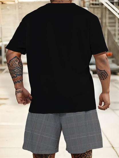 Men's Plus-Size 2pcs Casual Sports Set - Black Plaid T-Shirt & Matching Shorts | All-Season Comfort, Breathable & Lightweight | Hot Transfer Print Technology | Travel-Friendly Gym & Everyday Outfit | Machine Washable 2pcs Outfit, PLUS SIZE