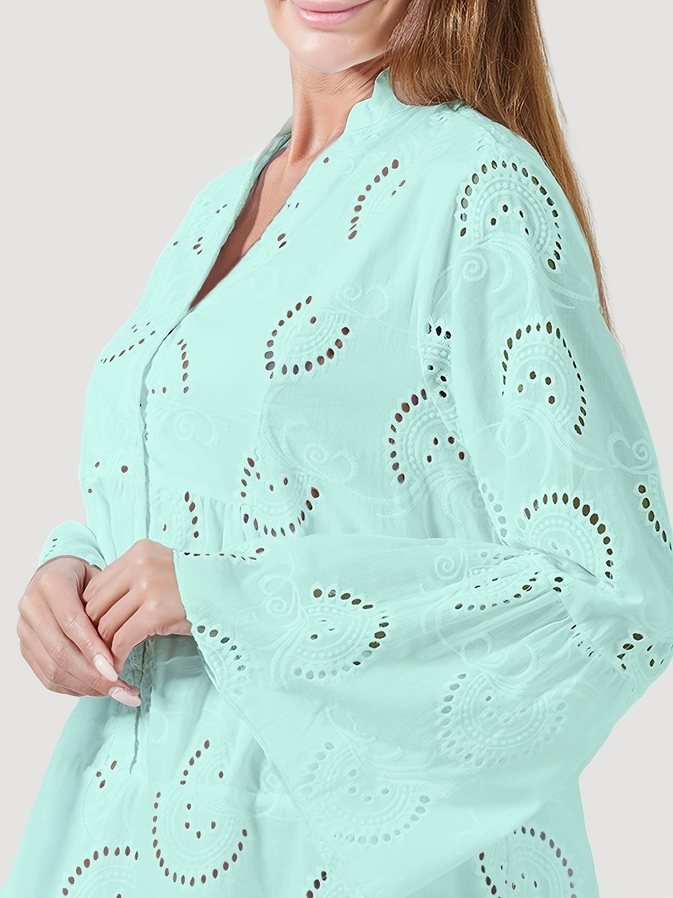 Elegant Mint Green V-Neck Shirt Dress with Bell Sleeves and Lace Cut-Out Detail - Chic Long Casual Dress for Women, Ideal for Home Gatherings and Parties, Casual Party Dress|Bell Sleeve Dress|Machine Washable Dress, Cute Dresses
