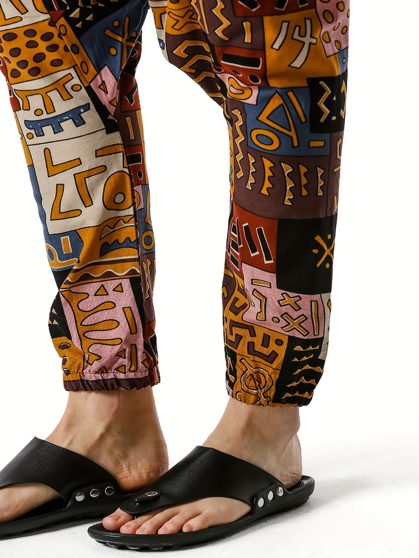 Men'S Stylish 100% Loose Colorful Fans Pattern Pants with Pockets, Casual Breathable Comfy Trousers for City Walk Street Hanging Outdoor Activities