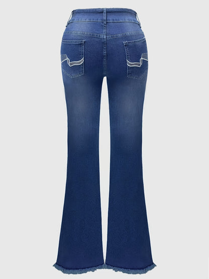 Women'S Denim Trousers Featuring Black Irregular Graphic Embroidery, a Spacious Back Pocket, High Waist, Flared Design, Durable Contrasting Color Wash, And Cat Whiskers, Embodying a Sophisticated Retro Aesthetic