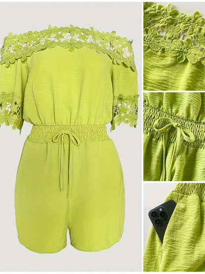 Off Shoulder Floral Dec Short Sleeve Casual Cinch Waist Jumpsuit