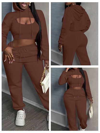 Women'S 3pcs Sweatsuits Sets Sexy Super Cropped Hoodie Tank Top And High Waisted Jogger Sweatpants Matching Loungewear Athleisure Outfits