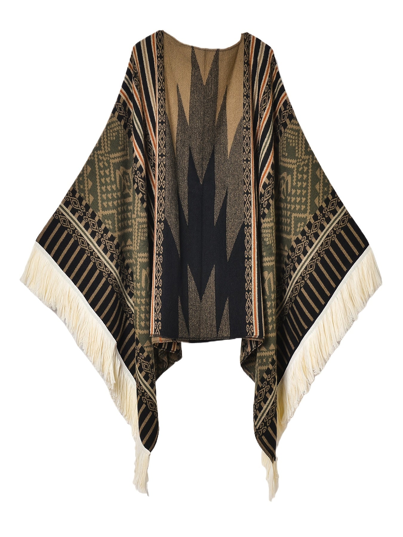 Men's Western Bandit Cape Coat with Tribal Print, Warm V-Neck Poncho with Tassel Trim for Outdoor Adventures, Fall and Winter Casual Wear (Brown/ White)