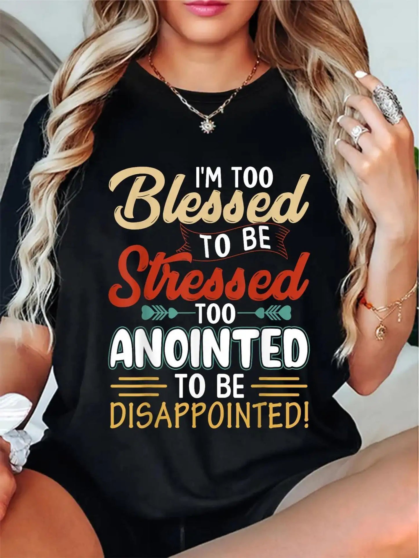 Women's Loose Casual Short Sleeve T-Shirt- Blessing and Anointing Geometric Pattern, Stretch Fabric, Round Neck Design, Comfortable for All Seasons, Machine Washable, Easy Fashion, Soft and Comfortable Material