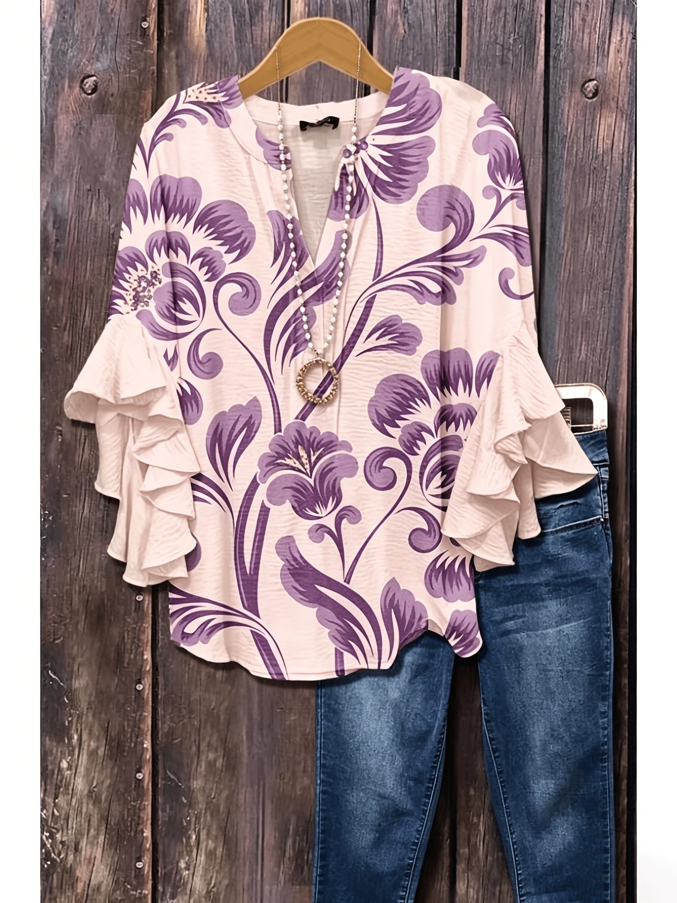 [Holiday Tops] Women's Blouse Ruffle Print Paisley Stylish Modern 3/4 Length Sleeve V Neck Regular Tops Daily Holiday Blue Black Wine Khaki Summer