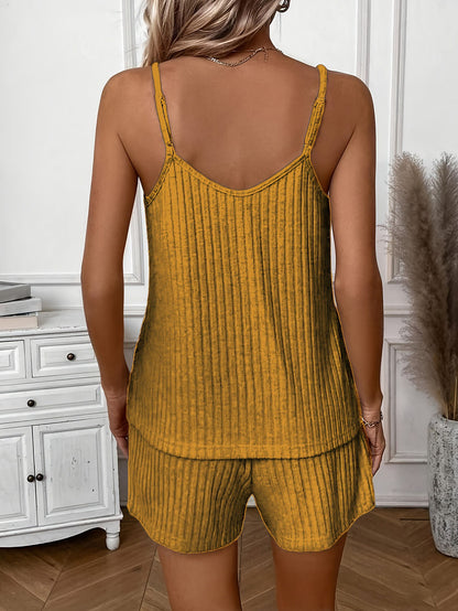 Women's Versatile Ribbed Solid Color Vest Top with Casual Shorts 2pcs Set