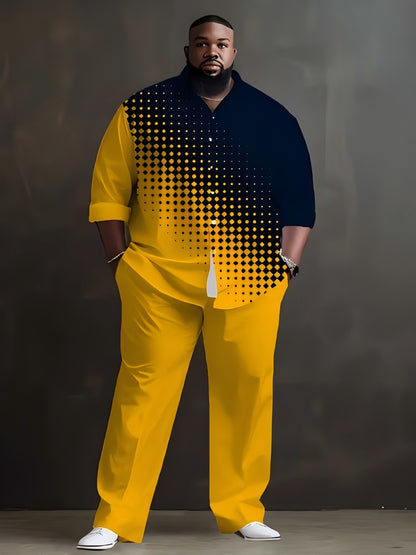 2pcs Set- Plus-size Men's Long-sleeved Shirt and Trousers Set, Yellow and Black Contrast Stitching, Polka Dot Print, Local Warehouse, Suitable for All Seasons, Suitable for Leisure, Parties, Festivals, Daily Office Use, Wrinkle-resistant Polyester