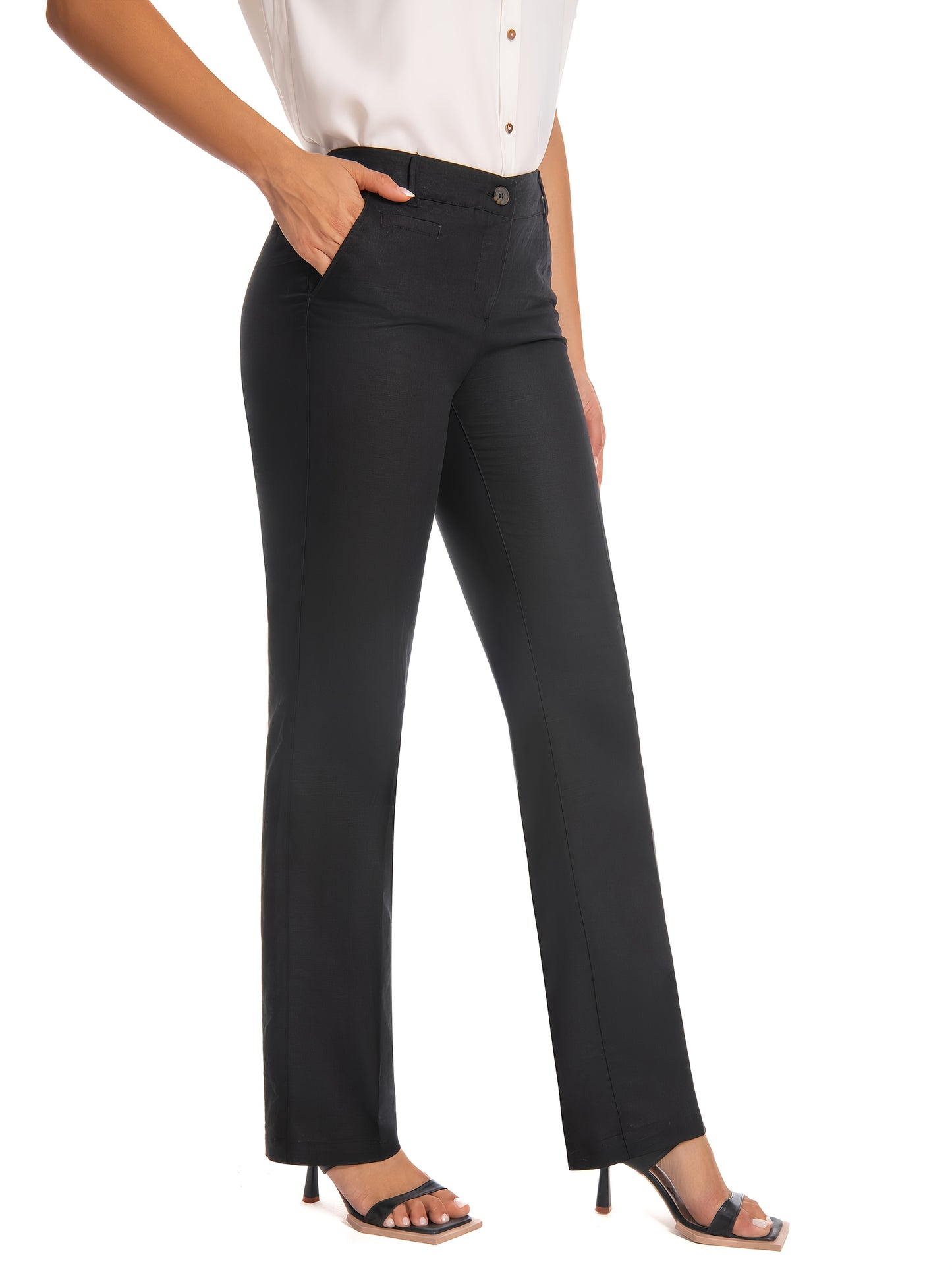 Women'S Black Work Pants Stretch High Waist Straight Leg Trousers with Pockets Office Casual Travel Daily Wear
