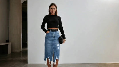 IXBGG 2026 Women's High-Waist Distressed Denim Skirt - Stretch Washed Fringe Hem Asymmetrical Ripped Midi Skirt, Beltless Soft Fringe Suitable for Office, Vacation, Home Wear, Machine Washable for the (No Belt Included)
