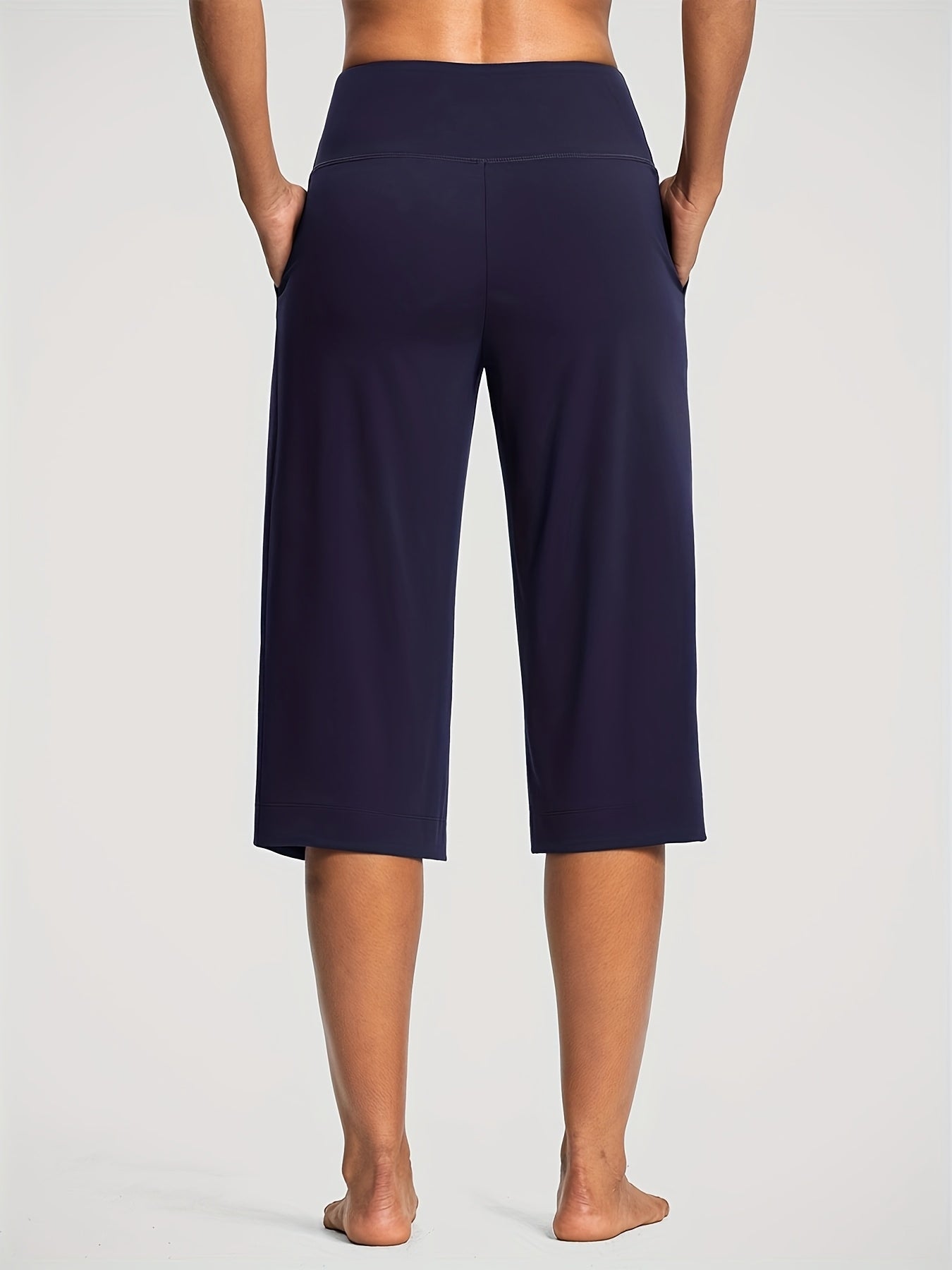 18'' Women's High-Waisted Wide Leg Yoga Capri Pants with Elastic Waist - Loose Comfortable Stretchable Soft Pants Suitable for Yoga, Workout, Casual & for Business Occasions - Spring Summer Fall Wearable with Practical Pockets (No Needed)