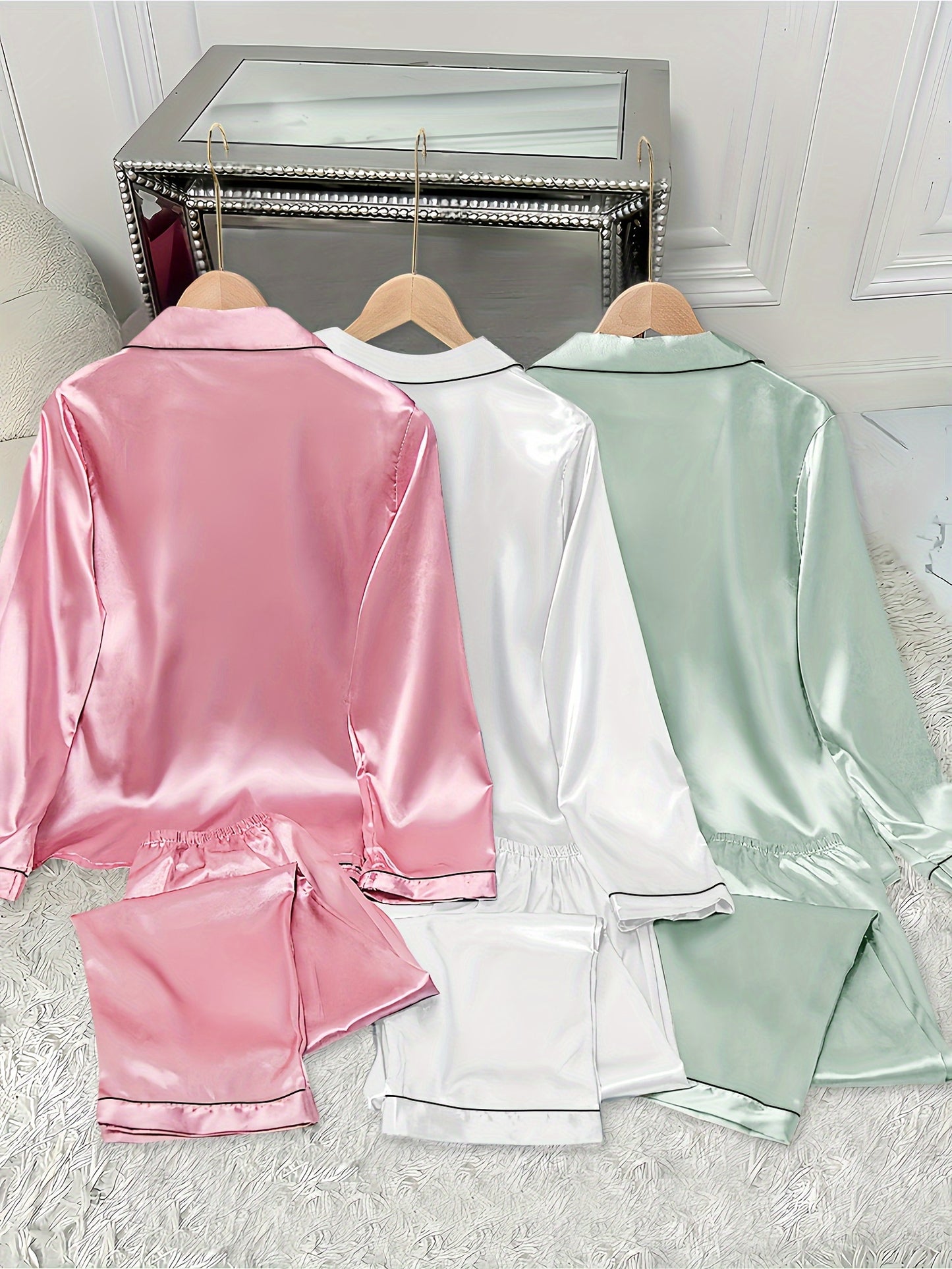 3pcs Women'S Satin Pajama Set - Casual Solid Color Long Sleeve Shirt & Elastic Waist Pants, Lapel Collar, Button Detail, Fall/Winter Sleepwear