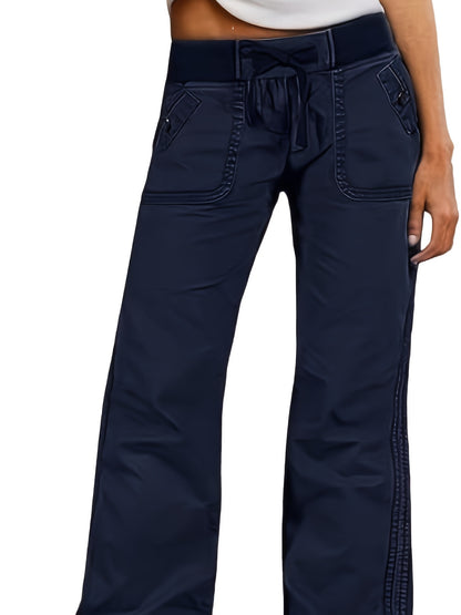 European And American Style, Individualistic Street Style, Slim Fit, Flattering, Cargo Pants, Women's Straight Leg Wide-Leg Pants with Lace-Up, Low-Rise Casual Jeans