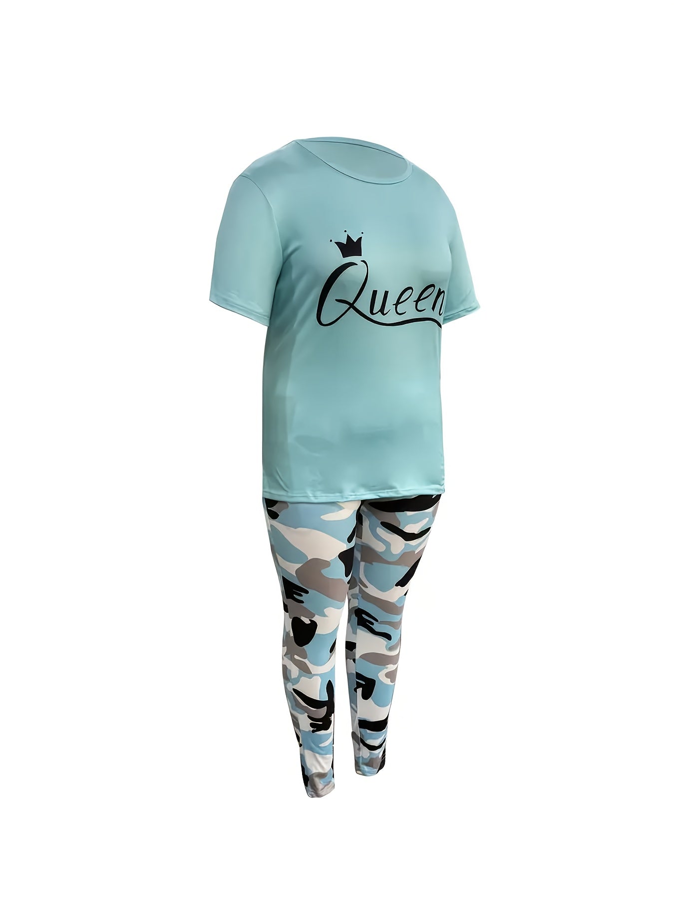 Plus Size - LADIES' Plus Size Daily Fashion Casual Set: Letter Print Crew Neck Short Sleeve T-shirt + Camouflage Long Pants With Pockets