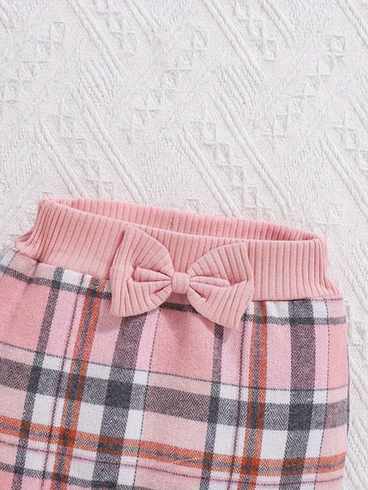2pcs Baby Girl Autumn And Winter Long-Sleeved Pink Romper with Plaid Pants And Hat Set, for Outdoor, Perfect for Outdoor