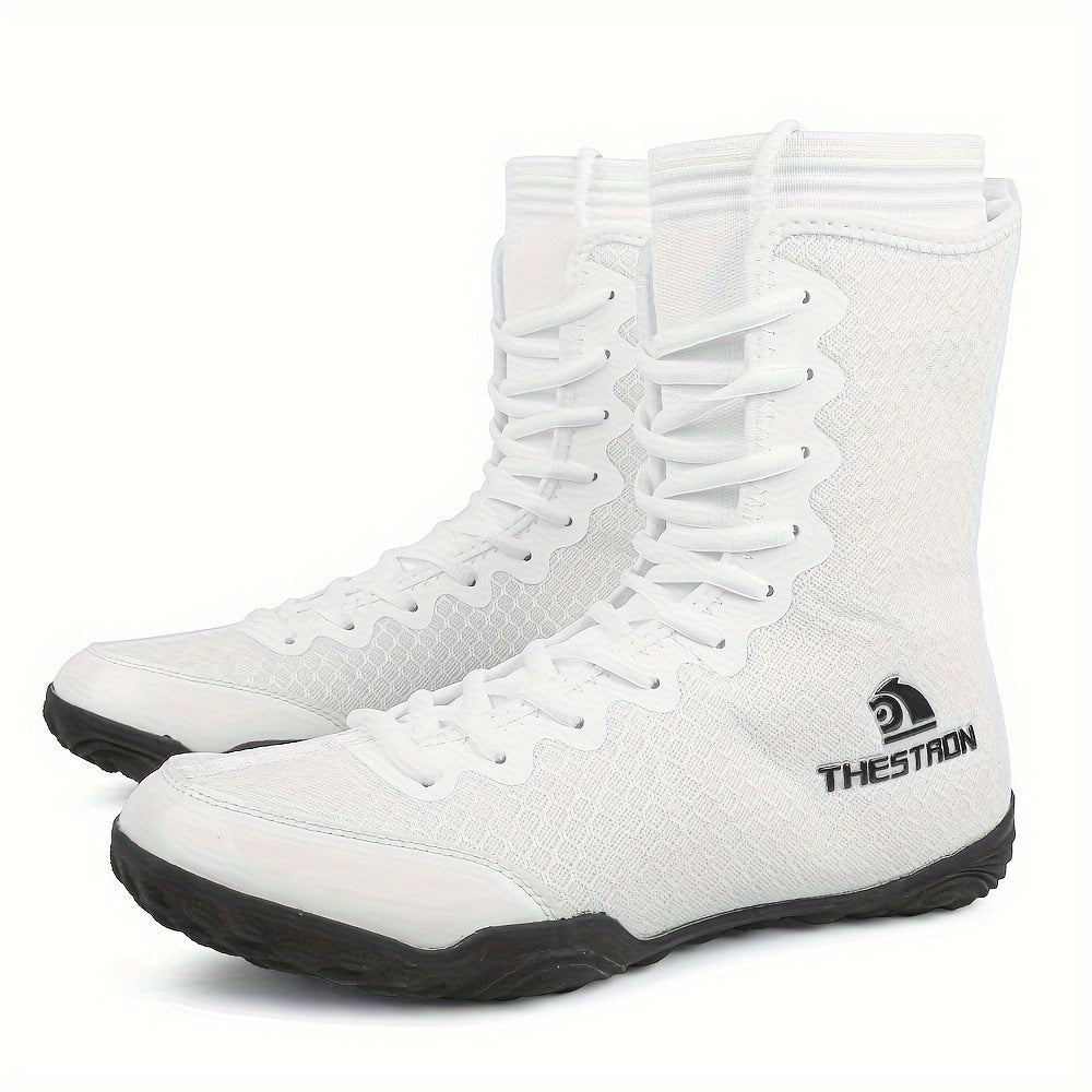 Men's High-Top Boxing Shoes - Non-Slip, Comfortable Wrestling & Training Sneakers for Indoor Sports, Black/White