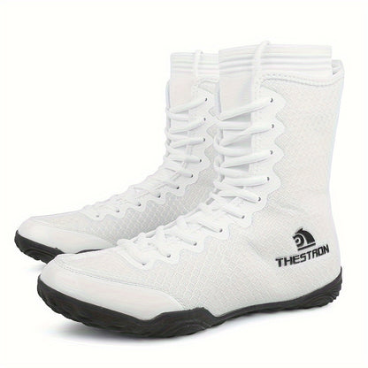 Men's High-Top Boxing Shoes - Non-Slip, Comfortable Wrestling & Training Sneakers for Indoor Sports, Black/White