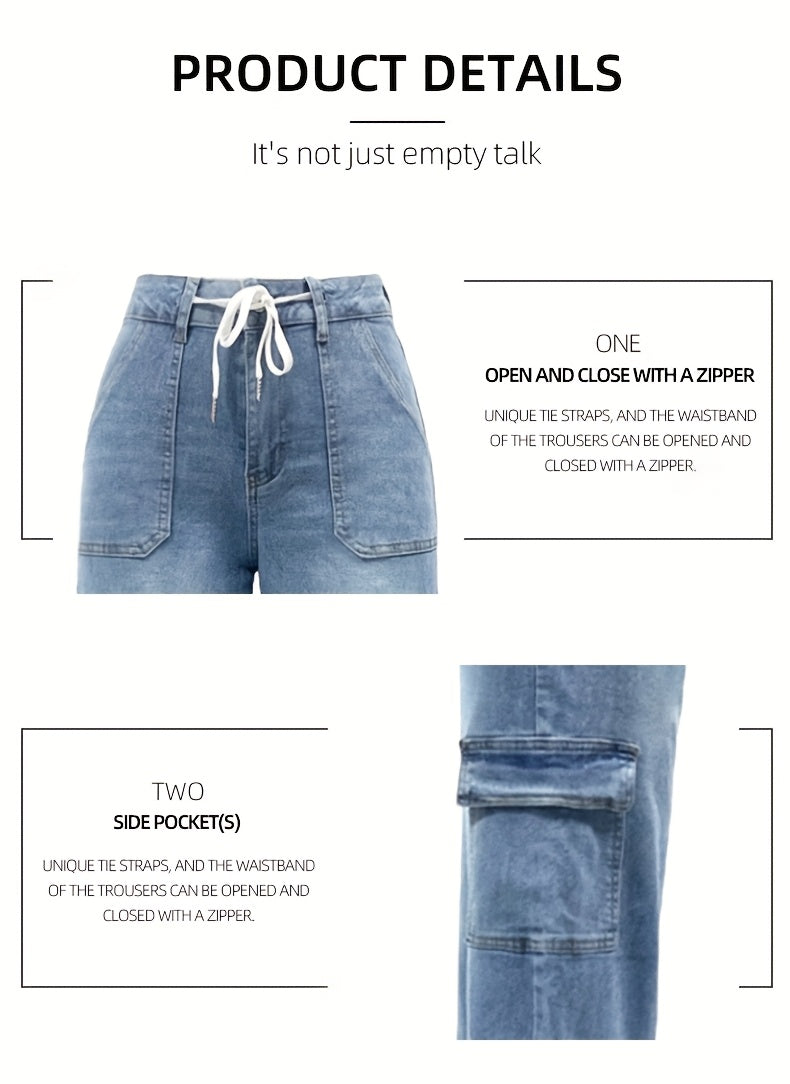 Women's Casual Fashion Denim Fabric Sweatpants Jeans - 2025 New Style Straight-leg with Laces and Multiple Pockets, Fit Womenswear