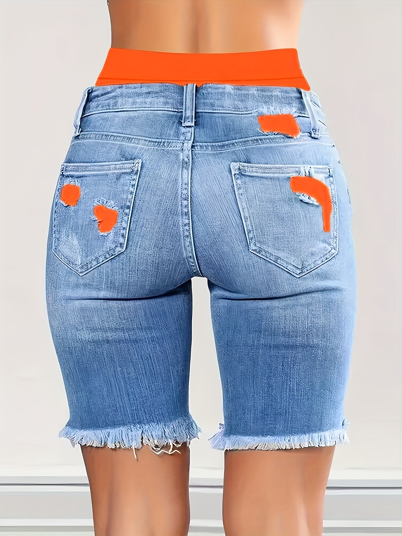 Denim Shorts: Color Block Printed Distressed Shorts/w Fitness Running Shorts