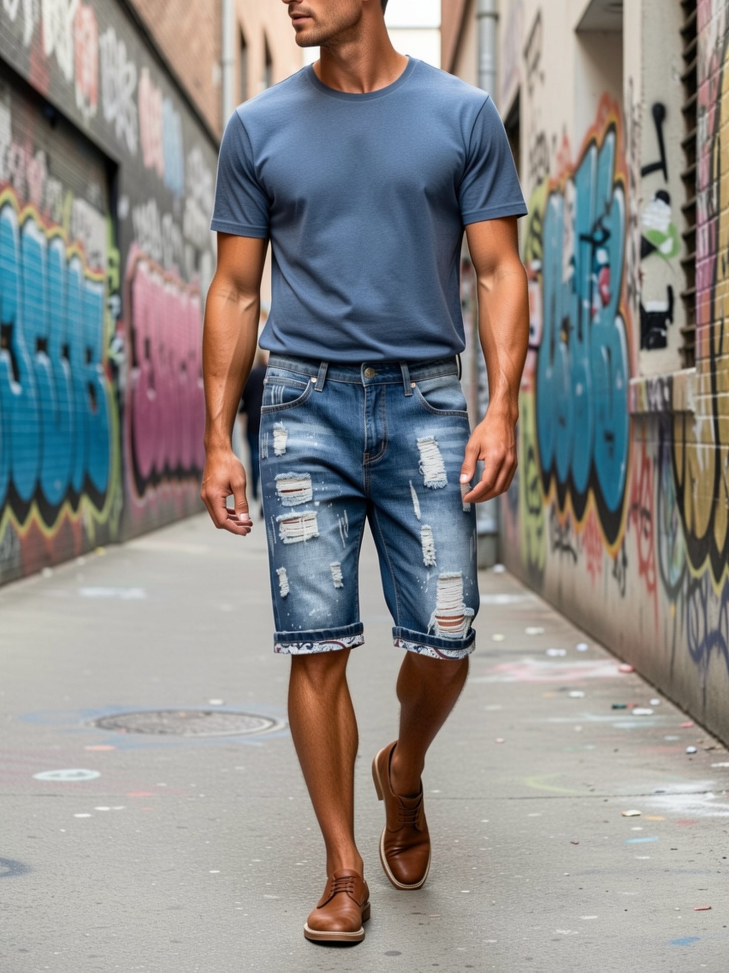 Men'S Ripped Jeans Distressed Ripped Slim Straight-Leg Jeans Stylish Shorts Trendy Loose-Fitting Ripped Straight-Leg Mid-Calf Pants Men Slim-Fit Jeans Durable Fabric
