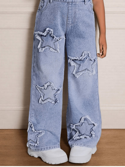 Teen Girls' Wide-Leg Denim Overalls with Star Embroidery Everyday Outfits - Machine Washable Teen Loose Fit Long Denim Machine Washable All-Season Casual Jeans for Teens Durable Fabric, for Outdoor