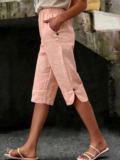 ZOELNIC Women'S Elastic Waist Wide-Leg Capri Pants with Decorative Button Detail - Side Pockets Relaxed Fit Casual Summer Beach Trousers