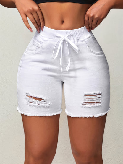 Women's Distressed Denim Shorts with High-Waisted Slim Fit & Frayed Hem - Stretch Jeans for Spring/Summer, Casual to Dressy Wear, Waist-cinching Drawstring (Machine Washable) | Non- Ripped Short Pants