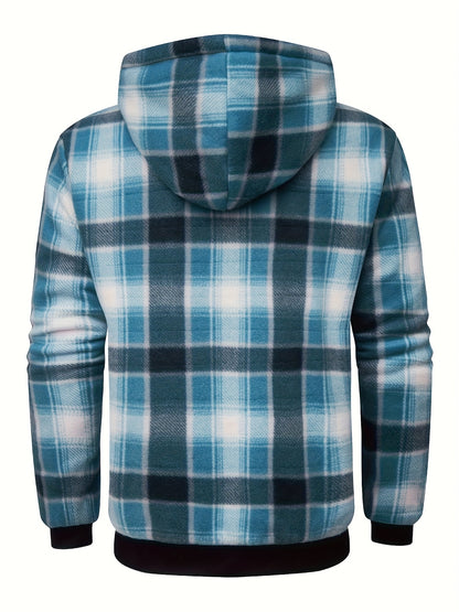 Men's Heavyweight Sweater Hooded Jacket - Full Zip Thick Snow Mountain Lined Flannel Plaid Shirt with Pockets, Casual Style, Perfect for Autumn and Winter, Hooded Collar, Regular Fit, Plaid Pattern, Men's Jacket
