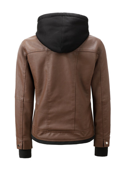 Women's Hooded PU Leather Jacket, Classic Slim-Fit Biker Style with Detachable Hood, Full-Zip PU Leather Coat with Multiple Pockets, Warm Windproof Outerwear for Spring, Fall & Winter Casual & Daily Outfits