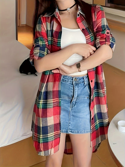 Plus Size, Plus Size Pure Mid-Length Plaid Long Sleeve Shirt for Women, Korean Style Loose Fit Versatile Casual Shirt Cardigan Outerwear, Suitable for Christmas, New Year, Valentine's Day Holiday Outfits, Skin-Friendly Fabric Texture