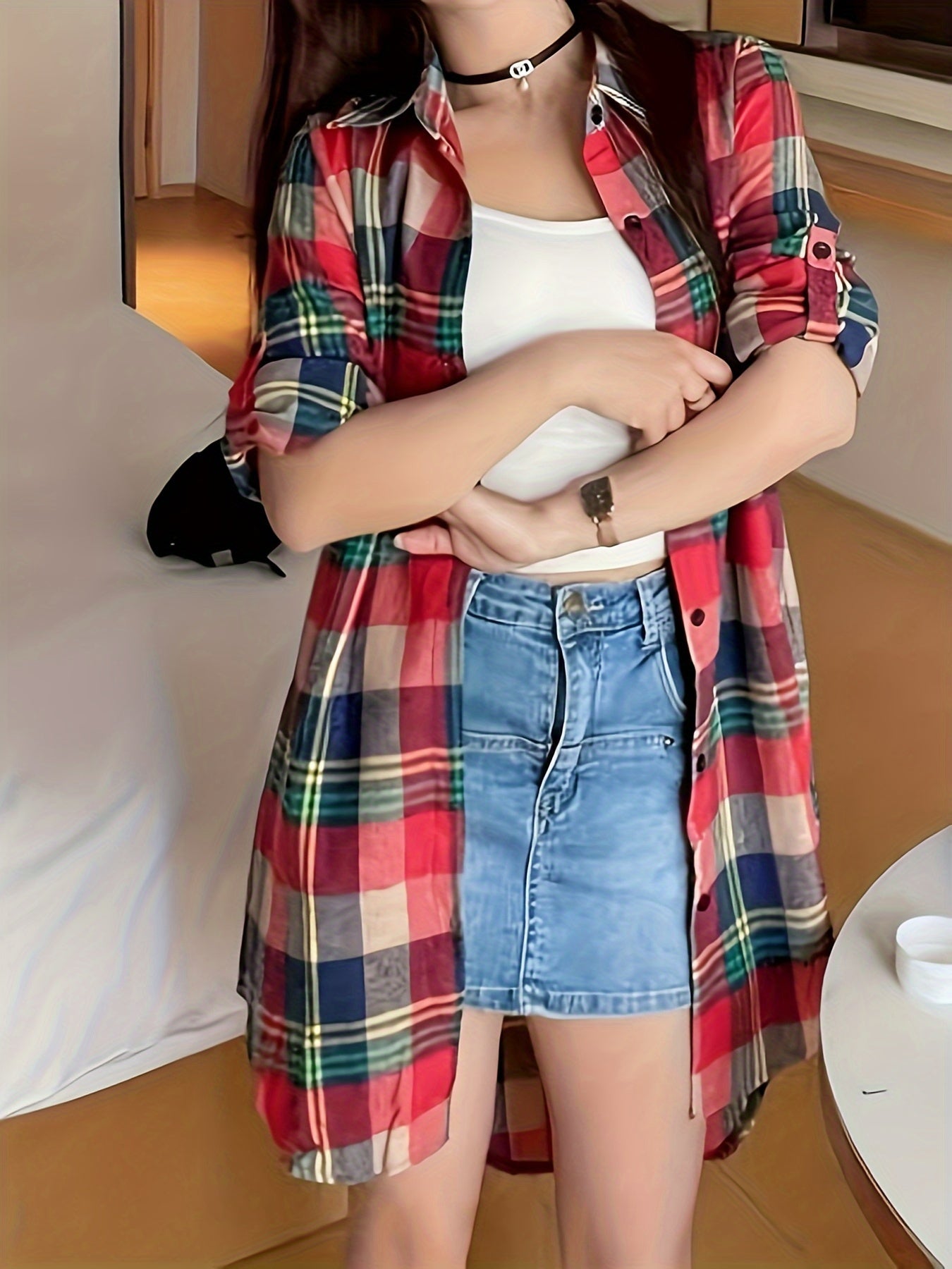 Plus Size, Plus Size Pure Mid-Length Plaid Long Sleeve Shirt for Women, Korean Style Loose Fit Versatile Casual Shirt Cardigan Outerwear, Suitable for Christmas, New Year, Valentine's Day Holiday Outfits, Skin-Friendly Fabric Texture