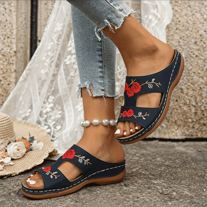 Women's Rose Embroidery Wedge Slide Sandals • Thick Sole Comfortable Casual Summer Outdoor Walking Sandals • Women Shoes for Daily Wear