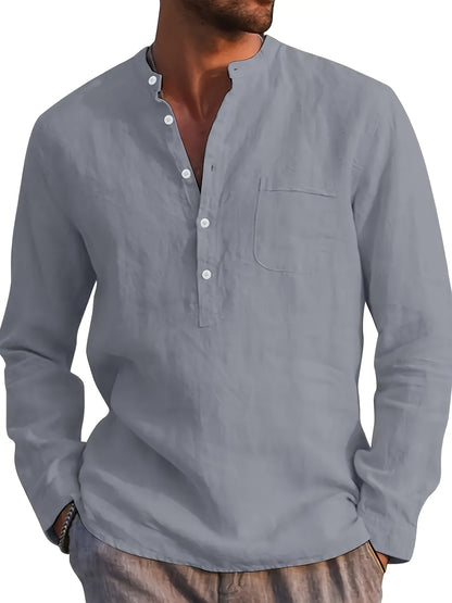 Plus Size Men'S Solid Shirt, Casual Breathable Half Button Cotton Blend Stand Collar Long Sleeve Shirt For Outdoor Activities, Men'S Clothing