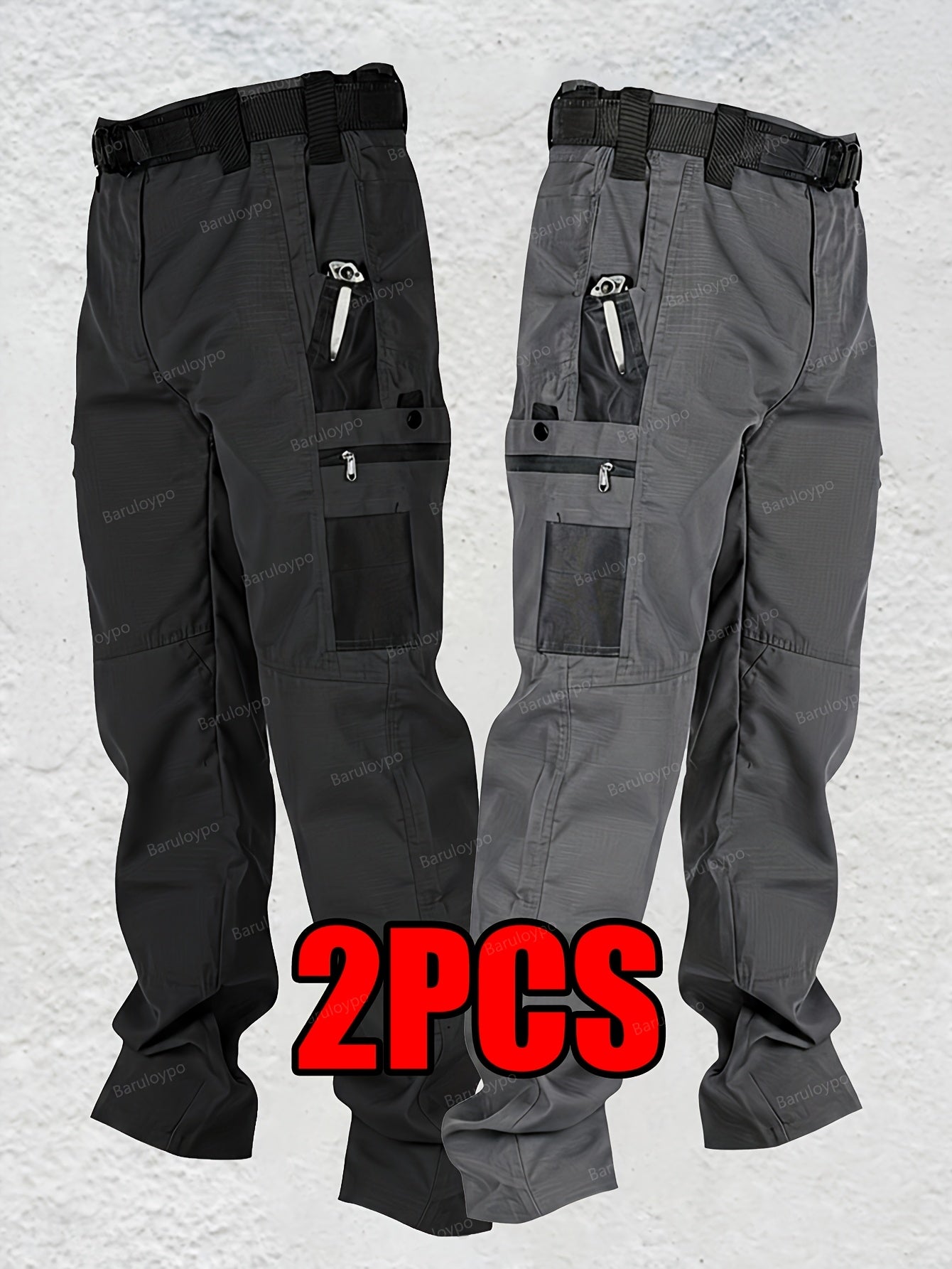 2pcs Men's Tactical Cargo Pants, Multi-Pocket Ripstop Work Trousers, High Quality Outdoor Hiking Pants, Durable Straight Leg Utility Pants for Work, Camping, Daily Wear