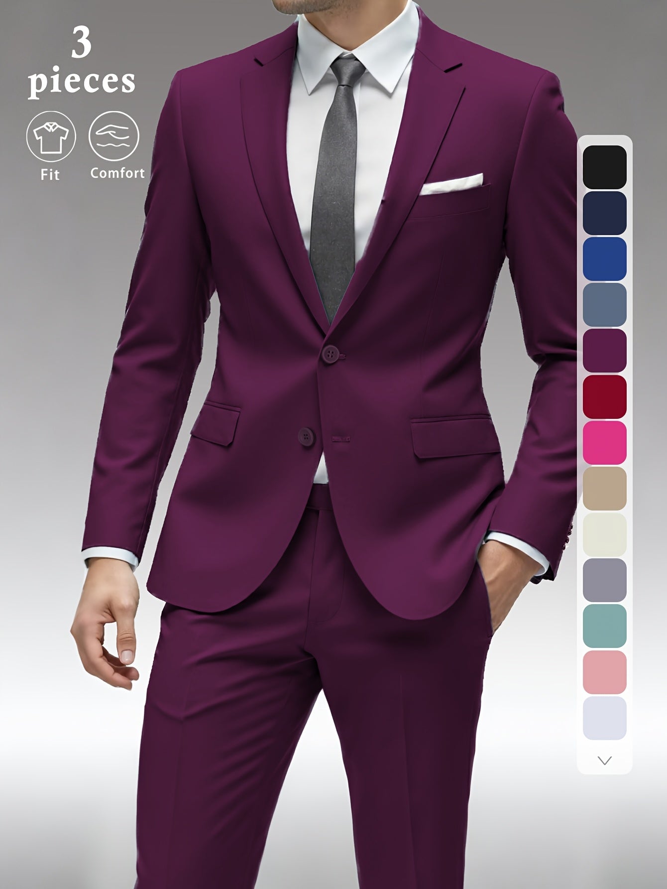Men's Solid Color Complete 3pcs Suit Set Slim Fit Modern Tailored for Weddings Business Graduation Father's Day Gifting Express Delivery
