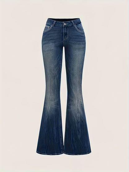 Women'S Vintage Stretch Flare Jeans - Cross Embroidery & Belt Loop Detailing, Slim Fit Elegant Denim for All-Season Wear
