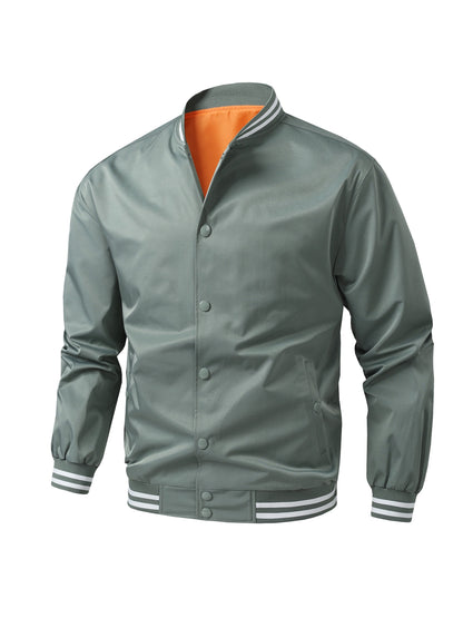 Men'S Plus Size Lightweight Varsity Jacket - Preppy Style, Baseball Collar, Button-Up, Solid Color with Striped Accents, Polyester, Machine Washable & Dry Cleanable, with Pockets, Sports Jacket|Loose Fit Jacket|Glossy Finish Jacket, PLUS SIZE