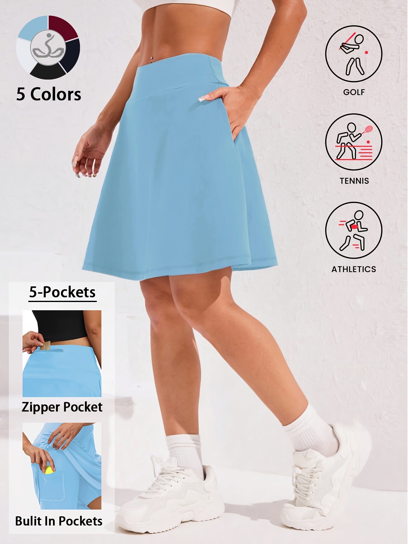 20-Inch Knee-Length Skorts for Women Featuring Five Pockets, High-Waisted Design, Suitable for Tennis And Golf, Long Athletic Skirt with Built-In Shorts