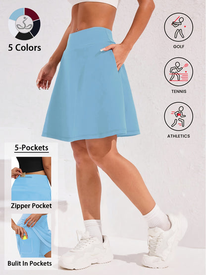 20-Inch Knee-Length Skorts for Women Featuring Five Pockets, High-Waisted Design, Suitable for Tennis And Golf, Long Athletic Skirt with Built-In Shorts