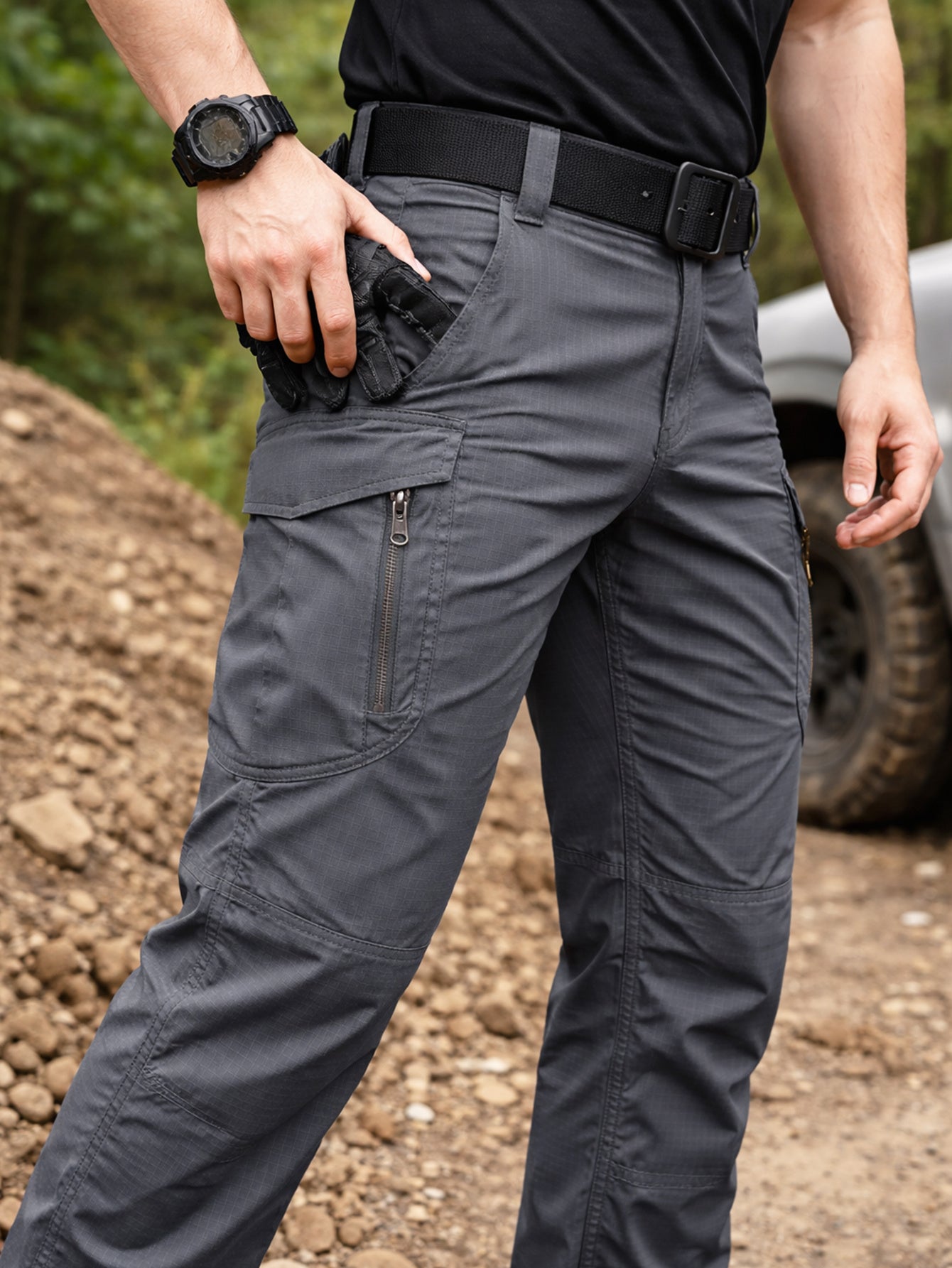 Men's Ripstop Work Pants, Durable Stretch Trail Trousers with Lightweight Breathable Comfort, Quick Dry Training Cargo Pants, Wear-Resistant Construction and Functional Multi-Pocket Design for Outdoor Travel, Camping and Trekking, Grey