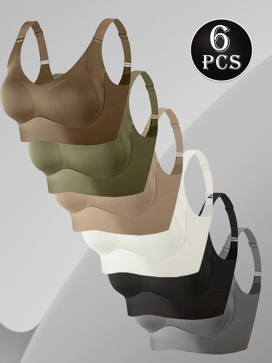 6pcs Women's Seamless Bras - Full Coverage V-Neck Backless Support Bra Non-Removable Pads High Elasticity Fit Elegant Solid Color Design for Daily & Special Occasions Comfortable Underwear Seamless Structure Bra