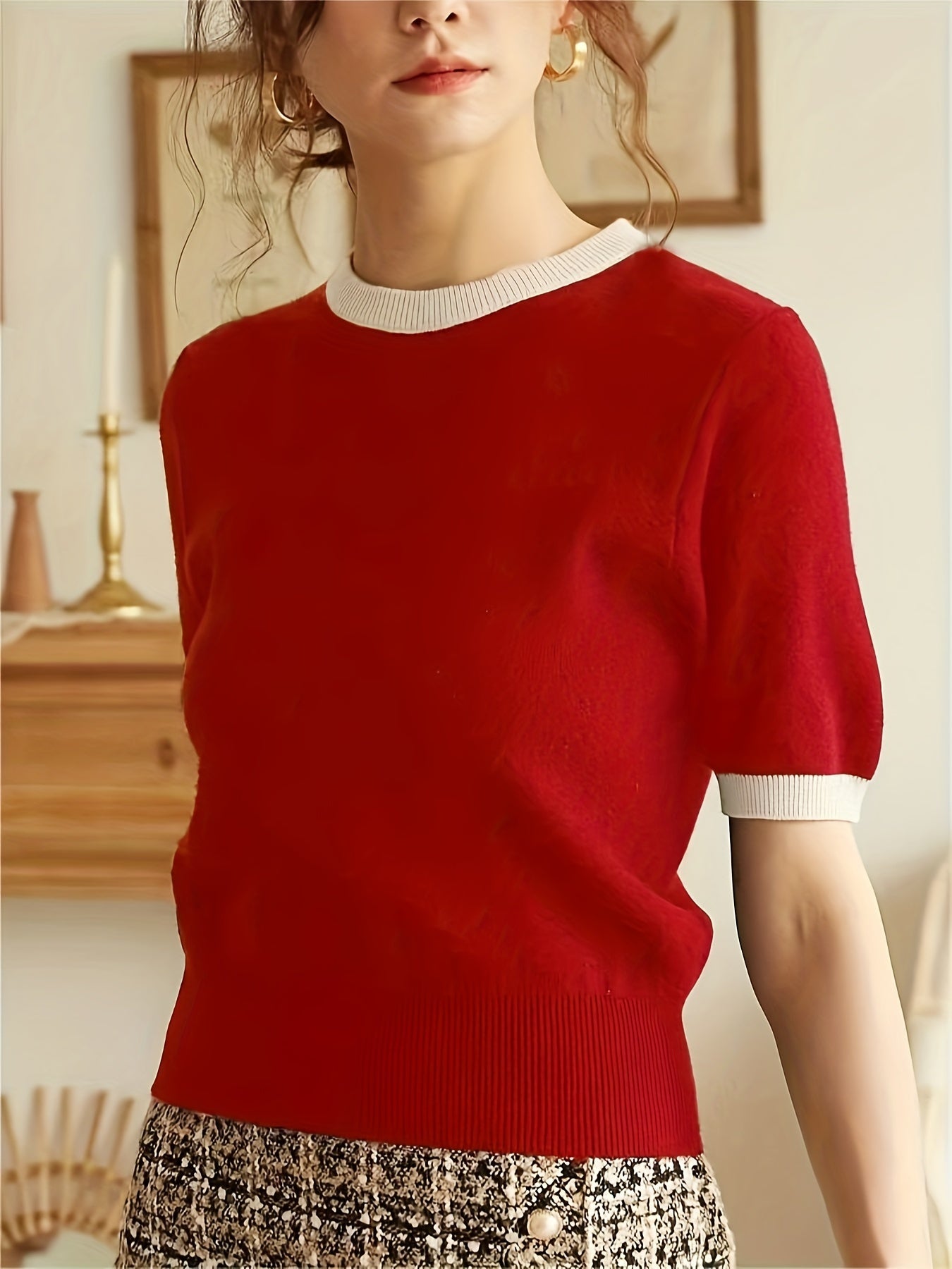Spring/Summer/Autumn Contrast Trimming Round Neck Holiday Casual Elegant Party Business Commuter Gift Knitted Top T-shirt