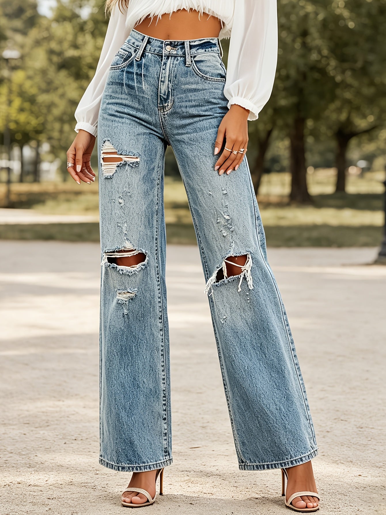 Women's Cool Ripped High-Waisted Straight-Leg Jeans New Streetwear Casual Pants Stretch Washable Fabric Comfortable And Versatile with Pockets Perfect for Outings Comfortable Year-Round Fit
