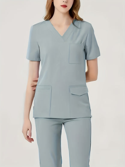 Ultra-Soft Womens Two-Piece Health Care Uniform Set - Stylish V-Neck Top With Practical Pockets & Sleek Solid Pants - Premium Quality, Comfortable Everyday Wear For Women