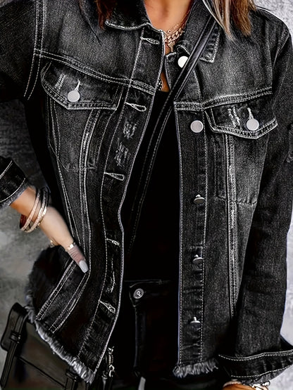 Women's Vintage Americana Jeans Jacket - Non-Stretch Button-Front Coat, Machine Washable Long Sleeve Outerwear for Women, Casual Everyday & Formal Outfits (Black), Summer Wardrobe, Retro Design, Quality Stitching, Trendy Outfit