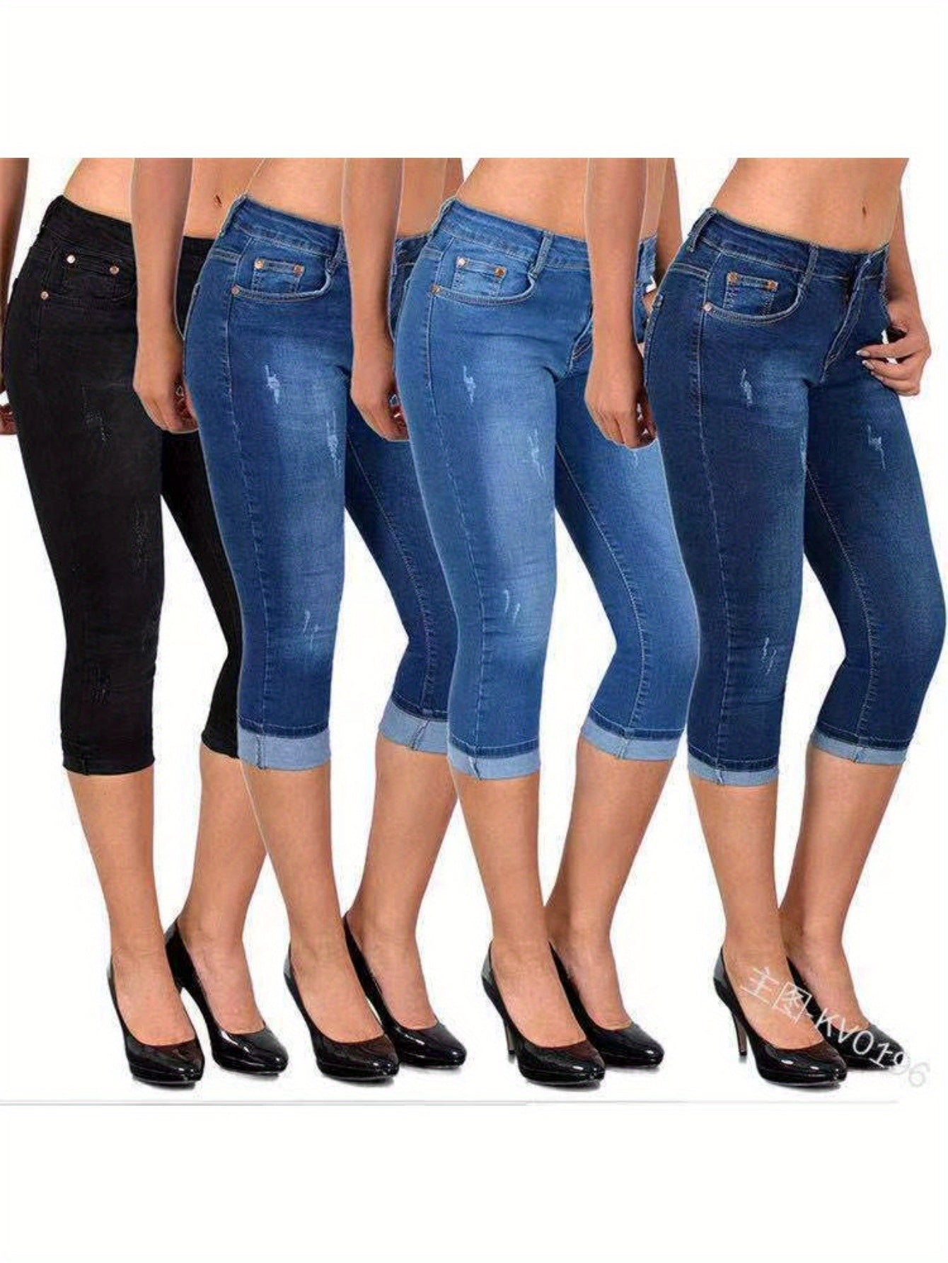 Women's Stretch Skinny Capri Jeans - Slim-Fit Cropped Denim Pants with Elastic Waistband, Street Style Summer Casual Solid Color, Machine Washable, Elastic Waist Jeans, Comfortable Fashion, Stylish Silhouette, Durable Fabric