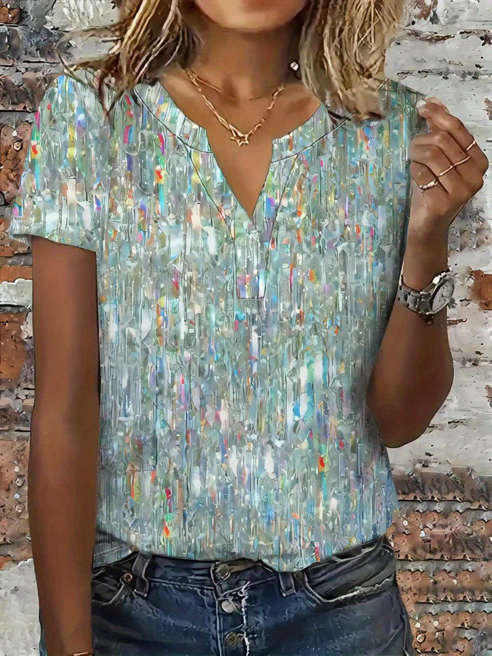 Allover Print Notched Neck T-shirt, Casual Short Sleeve Top For Spring & Summer, Women's Clothing