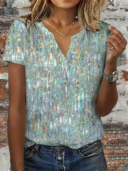 Allover Print Notched Neck T-shirt, Casual Short Sleeve Top For Spring & Summer, Women's Clothing